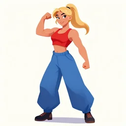 digital art illustration, an athletic young woman with blonde ponytails, wearing a red tank top and voluminous blue pants, painted by Disney