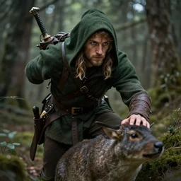 young rugged halfling ranger with blue eyes and a dark green hood stalking prey in the forest, by Tony Sart, trending on ArtStation, realistic, detailed