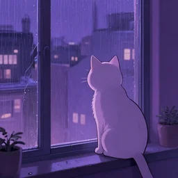 cat looking outside a window, rainy city at night, violet color palette, lofi anime illustration