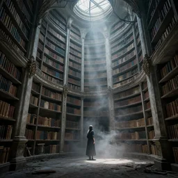 8 k photo of 1 0 0 0 ft concrete library filled with books, low - hanging mist, interior, lousy wiring, light shafts, hyperrealistic, highly detailed and intricate, ornate, luxury, elite, abandoned, creepy, ominous, haunting, cinematic, smoky, gothic, slender - woman in the corner. atmospheric