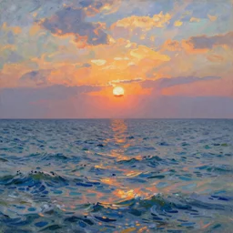 An aesthetically pleasing, dynamic, energetic, lively, well-designed digital art of the ocean at sunset, light and shadow, by Claude Monet and Vincent Van Gogh, superior quality, masterpiece, excellent use of negative space. 8K, superior detail.