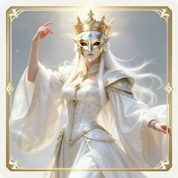 art by artgerm, and greg rutkowski. taoist goddess. in elden ring. magic card art. sunny. rim light!! renaissance noble costume, gorgeous mask!! sharp edges, stage light on shining crown, dynamic pose, intricate. bright white. ultra realistic. ultra clear detailed