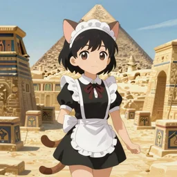 anime archaeologist catgirl wearing a maid outfit exploring the eqyptian tombs inside the pyramids