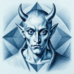 Close-up of the devil, pencil drawing. El Greco, Remedios Varo, Salvador Dali, Carl Gustav Carus, John Atkinson Grimshaw. Blue tint. Symetrical, logo, geometric shapes.
