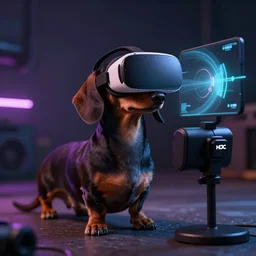 dachshund dog wearing vr headset and htc vive trackers recording motion capture, artstation, eerie lighting, cyberpunk