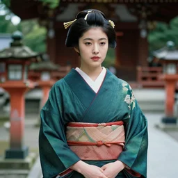 beautiful japanese woman in a temple, nadescio rin, drab blue greens, dark greens, highly detailed, award winning