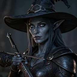 a face portrait, female drow elf, dark grey skin, innocent look, with hand crossbow, wearing a witch hat, hunter, slick leather armor, style by donato giancola, wayne reynolds, jeff easley dramatic light, high detail, cinematic lighting, artstation, dungeons and dragons