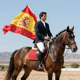 pedro sanchez riding a horse with the Spanish flag