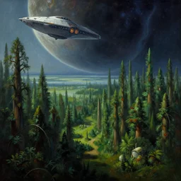 A strange forest and space ship on a science-fiction planet, beautiful matte painting, Moebius, frank frazetta, sid mead, thomas kinkade, artstation.