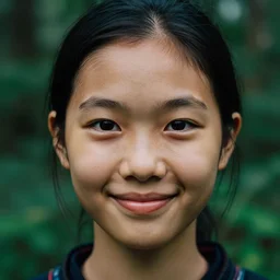 a ultra high resolution close - up of asian woman from tai tribe in lush green forest. 1 8 years old. face likes the korean idols. photo from the front. cute and beautiful woman is smiling and has eye contact with the camera. face is clear and symetrical. the light is dim, and the colours are muted. kodak etkar 1 0 0.