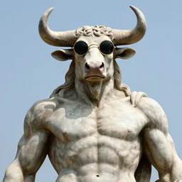 sculpture of moloch wearing round sunglasses, digital art, classical art, sharp focus, clear sky, muscular bull headed man