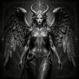 female lucifer , angel of death . intricate portrait, occult cyberpunk, ancient futuristic, dark art, occult. by Petros Afshar, by artgerm, by Eddie Mendoza, by Peter mohrbacher