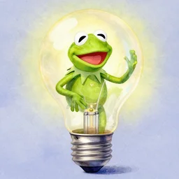 Kermit the Frog trapped in a lightbulb, water color painting