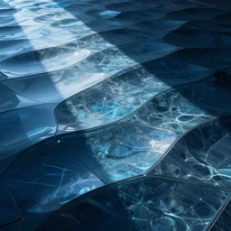 blue gridlike floor, glass tiles, futuristic floor, concave tiles