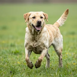 muddy labrador frolicking on a meadow