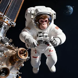 a monkey astronaut repairing a satellite in space, hyperrealistic, cinema 4 d, cinematic, artstation