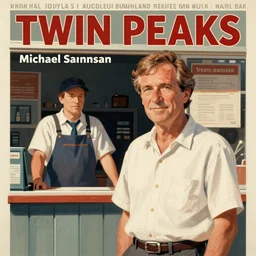 poster artwork by Michael Whelan and Tomer Hanuka, Karol Bak of portrait of Michael Shannon!!!!!! the local mechanic clerk at the auto store, from Twin Peaks, clean, simple illustration, nostalgic, domestic, full of details