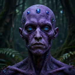 dark zombified violet human with highly detailed blue and red jewels laid in his skin. realistic human blue eyes. neutral facial expression, no blood. head and shoulders'shot. dark background is an organic rainforest. digital art. 4 k octane render.