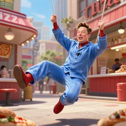 elon musk in pajamas swinging with spiderman near pizza place artstation digital art hd high detail 4 k action scene