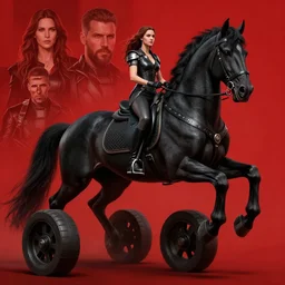 concept art, a beautiful highly detailed destiny lady rides a giant black horse on wheels, cinematic red colors, realistic shaded lighting poster by ilya kuvshinov, magali villeneuve, artgerm, jeremy lipkin and michael garmash and rob rey