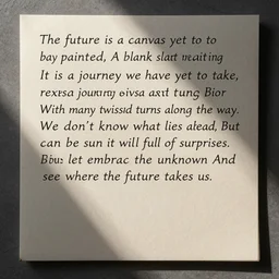 The future is a canvas yet to be painted, A blank slate waiting for us to make our mark. It is a journey we have yet to take, With many twists and turns along the way. We don't know what lies ahead, But we can be sure that it will be full of surprises. So let's embrace the unknown, And see where the future takes us.