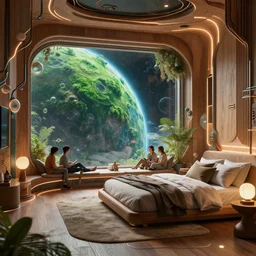 a futuristic cozy japandi bedroom from oblivion movie, by wlop and james jean jhonseru jsezz artstation and jung yeon min and aaron de leon and neill blomkamp, with some fine wood and neon light details, art deco minimalist biomechanical details, lens orbs, global illumination, with a glass futuristic window overlooking a lush green alien planet from space, lounge, architectural, volumetric lighting, granular detail, japandi, hyperrealist, micro details, blender, vray