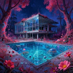 a beautiful detailed painting of unfinished building pool urbex by ludwig mies van der rohe, flowers at night galactic infrared evil thermal imaging futuristic synthwave forest tron retro darkacademia made of glass atlantis alien water, archdaily, wallpaper, highly detailed, trending on artstation.