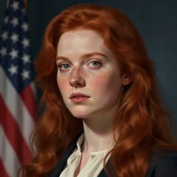 a detailed portrait of a pretty!! female with red hair and freckles who is president of the united states, 1 8 0 2, by ilya kuvshinov, digital art, dramatic lighting, dramatic angle, 1 9 th century