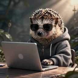 hedgehog in sunglasses and hoodie sitting at laptop, digital art