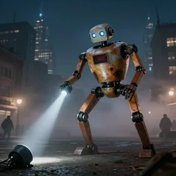 three-legged robot from the story The War of the Worlds by Herbert Wales, rises above the foggy city at night and shines searchlights on the ground in search of people, realism, photo
