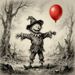 surrealism grunge cartoon sketch of a scarecrow with a wide smile and a red balloon by - zdzisław Beksiński, loony toons style, horror theme, detailed, elegant, intricate