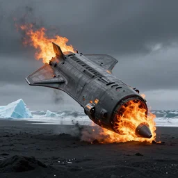 matte painting of flaming military spacecraft breaking apart over a black sand beach with icebergs in the distance, trending on artstation, octane render, hd, 8 k