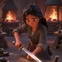 animation still frame of an attractive female blacksmith ( long dark hair ) creating a sword, high angle closeup portrait, ( ( wholesome, ) ) blurry background of the forge of a highend workship, disney, pixar, bloom, medium shot, waist up, dramatic lighting, in the style of studio ghibli, j. c. leyendecker, greg rutkowski, artgerm