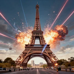 Eiffel tower, Huge star wars battle, explosions, lasers, epic fight, shockwave, cinematic battle, vast, sense of scale, trending on art station, 8k