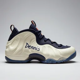 nike foamposite sneaker specifically for dennis written on the side, high lighting catalog photography, whole shoe in the frame