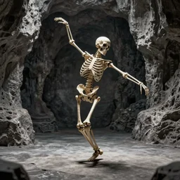 a skeleton dancing without a care, artistic photography, f stop, iso, gray dungeon background, very realistic, action shot