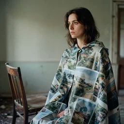 a closeup portrait of a woman wearing a cloak made of photographs, staring at an empty chair, derelict home, photograph, by vincent desiderio, canon eos c 3 0 0, ƒ 1. 8, 3 5 mm, 8 k, medium - format print