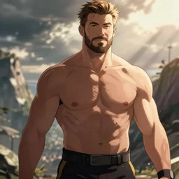 Still of Chris Hemsworth with a very muscular body type, anime art, anime style
