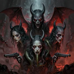three bat head, demonic parasite, snake, insanity, hell, war, despair, guns, digital art, 4 k, fantasy, lovecraft, horror, painted, terror, leesha hannigan, wayne haag, reyna rochin, ignacio fernandez rios, mark ryden, iris van herpen, best on artstation, best on cgsociety