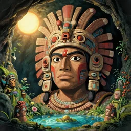 a gaston bussiere's film still portrait of aztec warrior finding a magical garden inside a cave, finely detailed features, closeup at the faces, sun, water, perfect art, gapmoe yandere grimdark, trending on pixiv fanbox, painted by greg rutkowski makoto shinkai takashi takeuchi studio ghibli, gaston bussiere