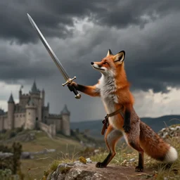 anthropomorphic fox!! who is a medieval knight holding a swo - rd towards a stormy thundercloud [ 1 9 3 0 s film still ], ( fantasy,,, castle in the background )