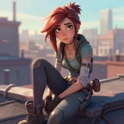 digital artwork of tracer sitting on a rooftop, in the style of artgerm, detailed face, expressive face, feminine face, detailed eyes, arstation, 4 k,