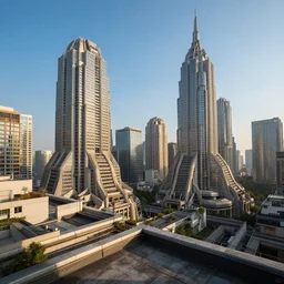 sci - fi city rooftop view, blue sky, highly detailed, beautiful light and sun