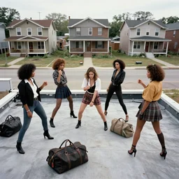 gang shootout between fashionable women, Detroit street, in front of vacant houses, duffel bags on the ground, 1990s, fantasy, epic, rooftop pov, concept art