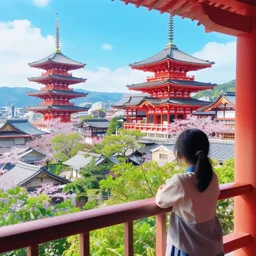 a vibrant dream of looking out from a balcony at many large japanese lanterns on a fancy street in kyoto japan during the day, lush plants, magic details, by moebius, edward hopper, james gilleard, and james jean, hd, 8 k, trending on artstation, uhd,
