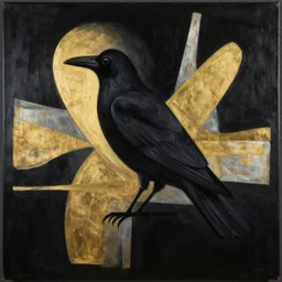 crow, award - winning painting, abstract, gold and silver shapes, elegant, luxurious, beautiful, pitch black background, chiaroscuro
