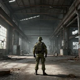 A soldier standing in an abandoned industrial factory, long shot from back, high quality digital art, ArtStation