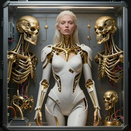 beauty woman wrapped in white and gold, Terminator artifacts, electrical case display, cyberpunk tech, ultrarealistic, dramatic lighting, electrical details, high details, 4k, 8k, best, accurate, trending on artstation, artstation, photorealism, ultrarealistic, digital painting, style of Peter Mohrbacher, Caravaggio, Caravaggio, Boris Vallejo, Hajime Sorayama