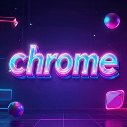chrome text with 80's aeshtetic, colorful neon lights