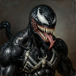portrait of venom, painted by caravaggio and rembrandt, reinassance, masterpiece, highly detailed, oil, 8 k, high quality